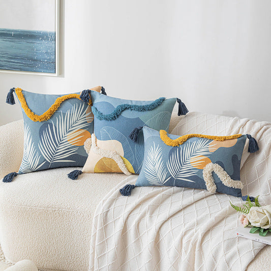HKM-269139 Morandi Color Tufted Pillow Cover in Yellow and Blue Stripes, Decorative Cushion 30x50cm and 45x45cm