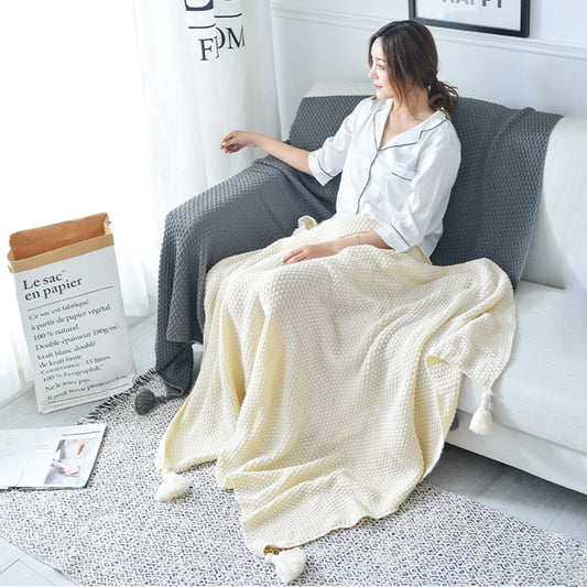 HKM-270227 Nordic Style Knitted Tassel Blanket for Sofa, Bed, and Office - Multiple Colors Available