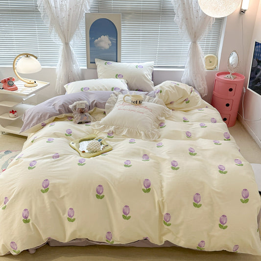 HKM-270995 Floral Rabbit Cotton Bedding Set – Three or Four Piece Pastoral Design with Quilt Cover and Bed Sheet