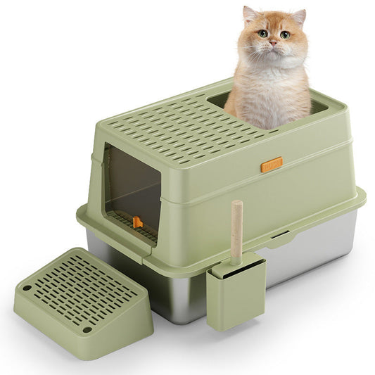 HKM-271827 Gray Stainless Steel Enclosed Cat Toilet with Pedal and ABS Plastic Features