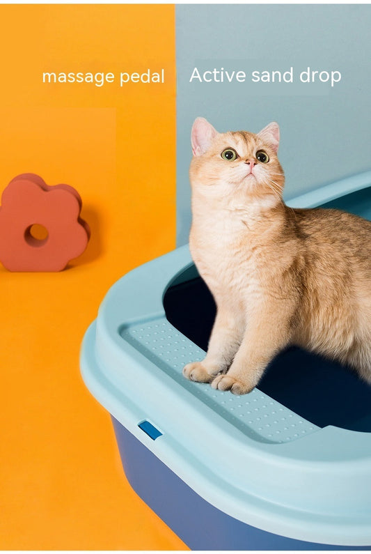 HKM-275283 Oversized Semi-Enclosed Cat Litter Box in Fresh Blue, Cherry Blossom Powder, and Mint Green