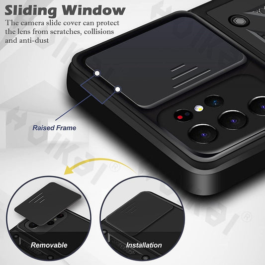 HKM-278995 Samsung Compatible TPU and PC Full Cover Push Window Phone Case for Models S20, S20Plus, S20Ultra, S20FE, S21, S21Plus, S21Ultra, S21FE in Various Colors