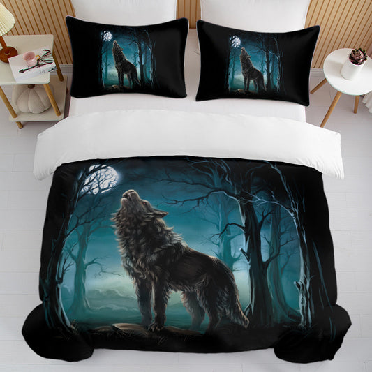 HKM-279059 Watercolor Forest Wolf Duvet Cover Set - Soft Microfiber Bedding in Twin, Full, Queen, King Sizes