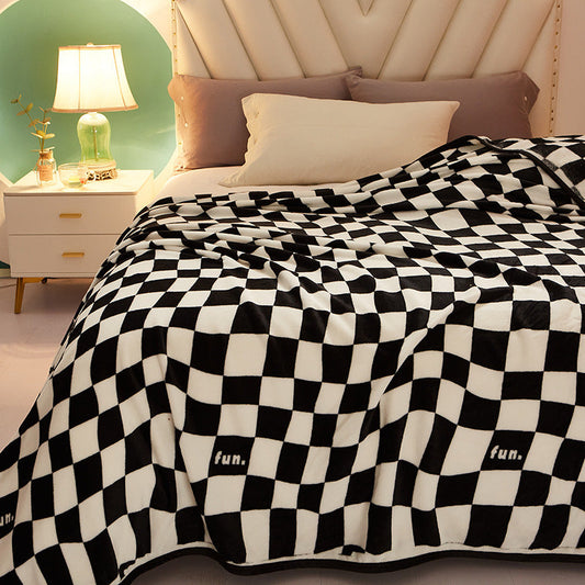 HKM-284819 Vintage Black Grid Velvet Blanket - Geometric Pattern, Multiple Sizes Available