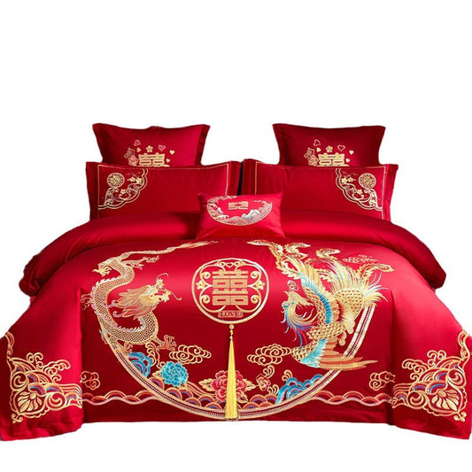 HKM-285651 Cotton Wedding Embroidery Bedding Set - Dragon and Phoenix Design, 4-Piece Collection for 1.5m, 1.8m, and 2.0m Beds