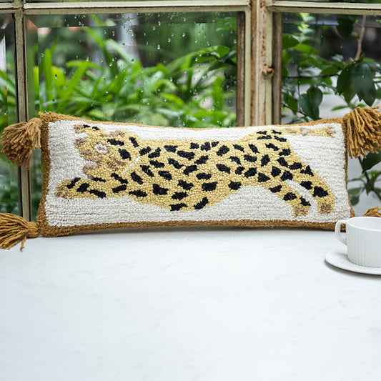 HKM-291411 Spotted Leopard Fringed Long Cushion Pillow for Living Room, Cotton Fill, 54x20cm