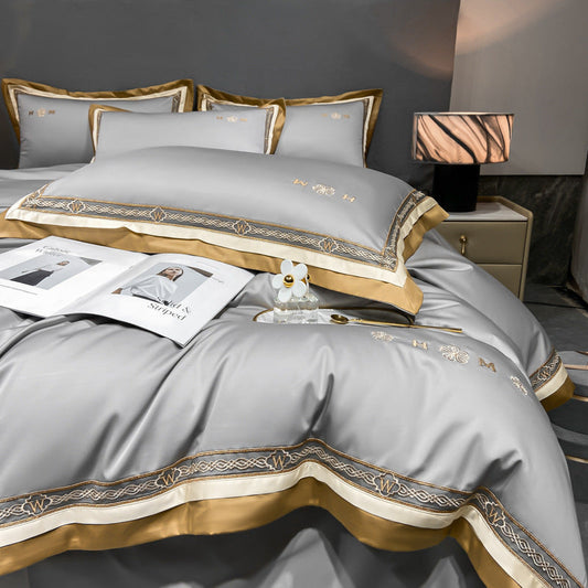 HKM-301459 Light Luxury All-Cotton Four-Piece Bedding Set for Year-Round Comfort, Includes Quilt Cover, Bed Sheet, and Pillowcases