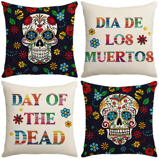HKM-303571 Cartoon Skull Linen Pillow Cover for Halloween, 45x45cm, Nordic Style, Multiple Designs