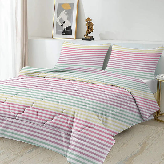 HKM-303763 Rainbow Striped Comforter Set with 2 Pillow Shams - Soft Microfiber Bedding for Full Size Comfort