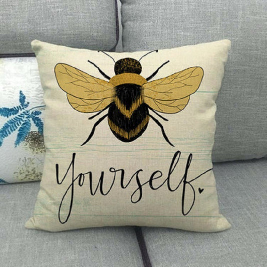 HKM-303891 Little Bee Pattern Printed Linen Pillow Cover - 45x45cm