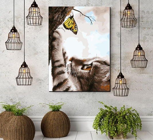 HKM-304915 Hand-Painted Cat and Butterfly Oil Painting for Living Room or Bedroom Decor - 40x50cm