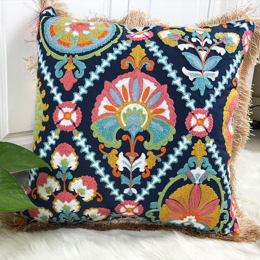 HKM-306451 Vintage Boho Embroidered Cotton Pillowcase with Fringe Detail