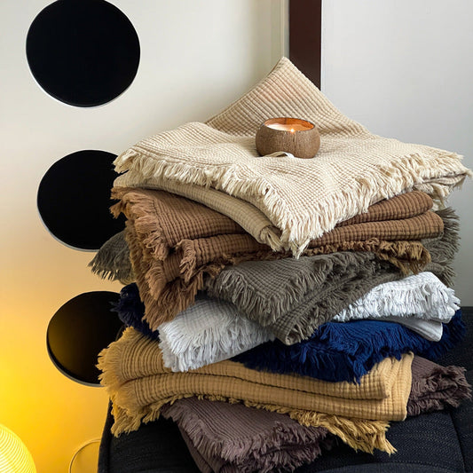 HKM-310355 Four-Layer Cotton Tassel Blanket for Sofa and Office, Multiple Color Options Available, Size 130x170cm & 150x200cm