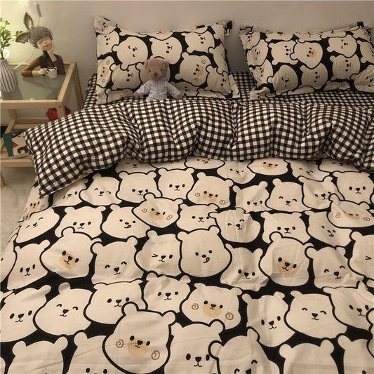 HKM-314963 Cartoon Brushed Washed Cotton 4-Piece Bed Sheet and Duvet Cover Set