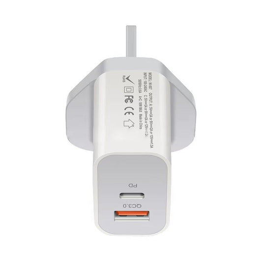 HKM-317331 18W PD Fast Charging Travel Charger with QC3.0 - Input 100V, Output 5/9/12V, 3600mA, White