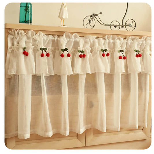 HKM-321427 Lace Cherry Short Curtain for Kitchen Small Windows - Cross Hemp Yarn Design