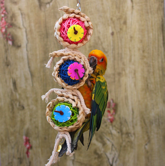 HKM-321811 Natural Luffa and Vine Climbing Toy for Parrots and Small Birds - 24cm Long with Rattan Ball
