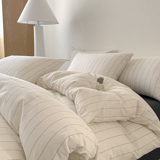 HKM-323027 Washed Cotton Striped Quilt Cover Set with Pillowcases and Fitted Sheets