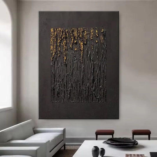 HKM-325267 Handmade Black Abstract Oil Painting with Gold Texture for Modern Home Decor