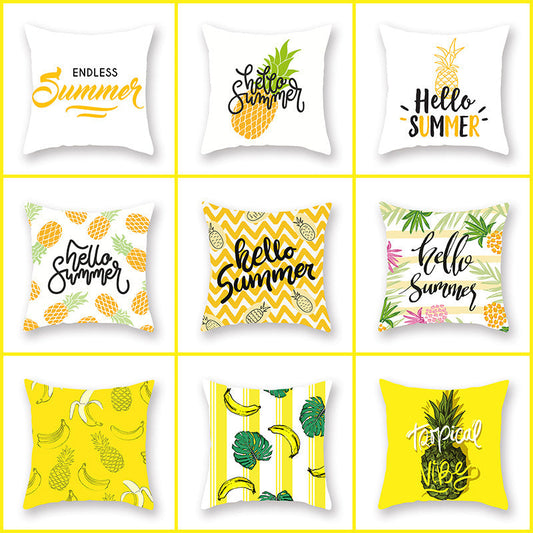 HKM-329171 Bright Yellow Pineapple Lumbar Pillowcase - Nordic Style Peach Skin Cushion Cover 45x45cm