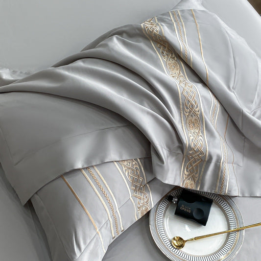 HKM-334547 Pure Cotton Four-Piece Embroidered Bedding Set with Fitted Sheet and Duvet Cover