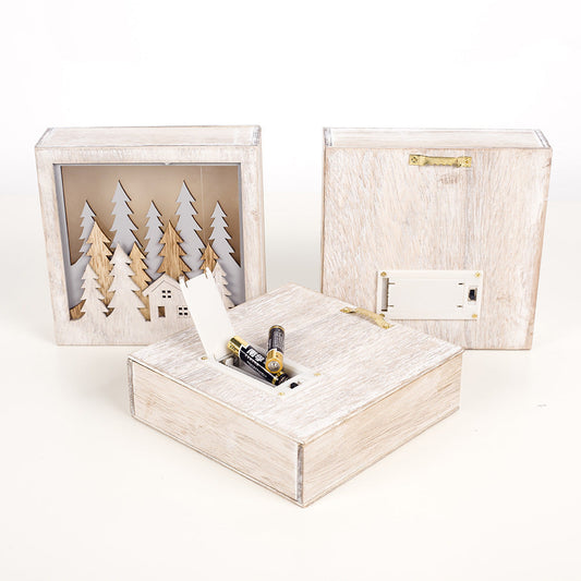 HKM-336147 Wooden Luminous Christmas Decoration Ornaments - Small Square Box with House, Deer, and Tree