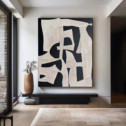 HKM-337619 Handmade Oil Painting on Canvas - Modern Abstract Black and White Texture Art for Home Decor, Unstretched & Frameless