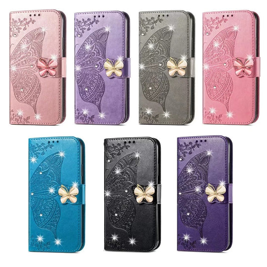 HKM-344531 Diamond-Encrusted Butterfly Embossed Leather Phone Case for Samsung - Shockproof & Magnetic Closure