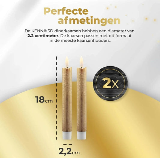HKM-345555 Gold 3D Flame LED Taper Candle - 2.2 cm Diameter, 18 cm Height