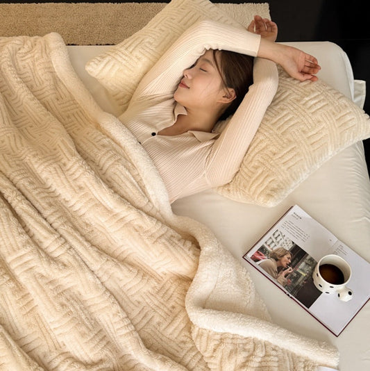 HKM-348051 Double-Layer Jacquard Lambswool Blanket in Solid Colors and Multiple Sizes