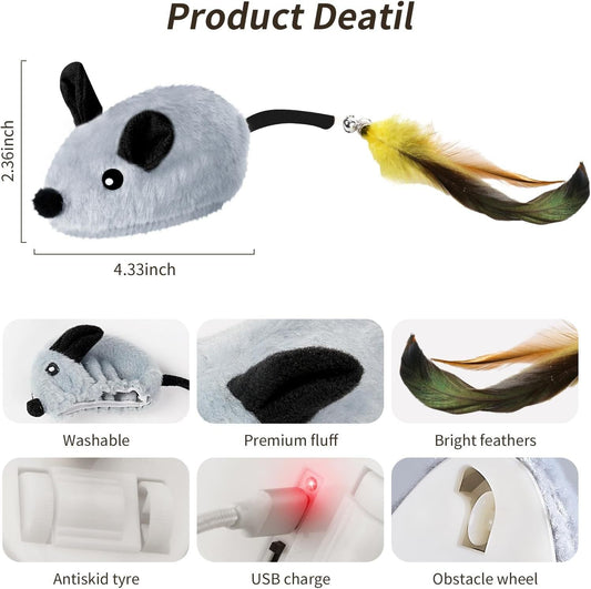 HKM-349651 Interactive Cat Toys Mouse For Indoor Cats Rechargeable LED Cat Mouse Toy Feather Bell Tail Lifelike Electric Automatic Moving Mouse Cat Toy For All Breeds Cat Boredom Exercise