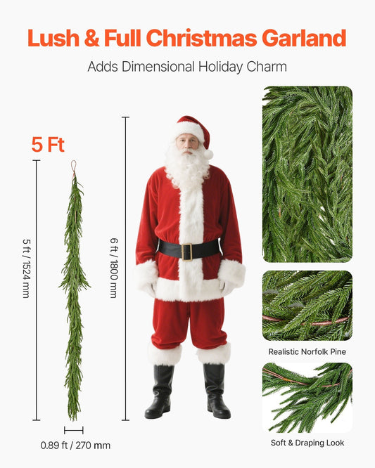 HKM-352467 5-FT Realistic Norfolk Pine Christmas Garland, Lush Faux Greenery for Holiday Indoor and Outdoor Decoration