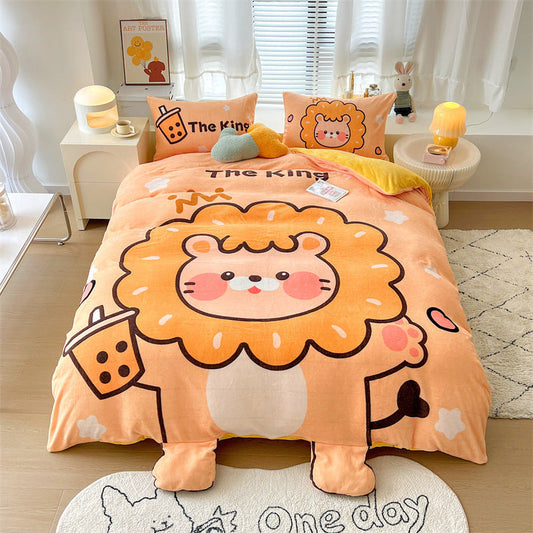 HKM-352659 Cartoon Thickened Milk Velvet 4-Piece Bedding Set in Vibrant Patterns