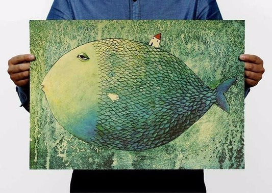 HKM-353491 Vintage Kraft Paper Art Print - Big Fish Small House Decor, 51.5 x 36 cm