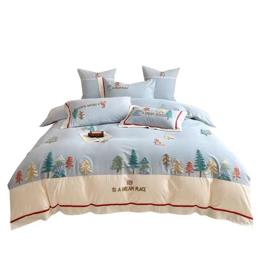 HKM-361235 Cotton Bedding Set with Geometric and Floral Patterns - Four-Piece Embroidered Collection