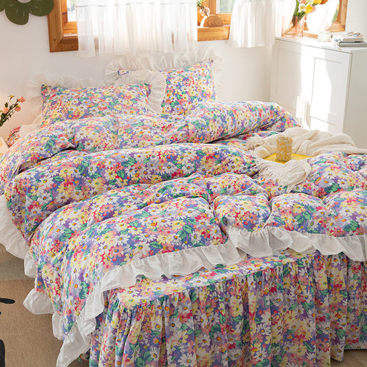 HKM-369619 Floral Cotton Bed Skirt and Bedding Set - 4 Pieces for Multiple Bed Sizes