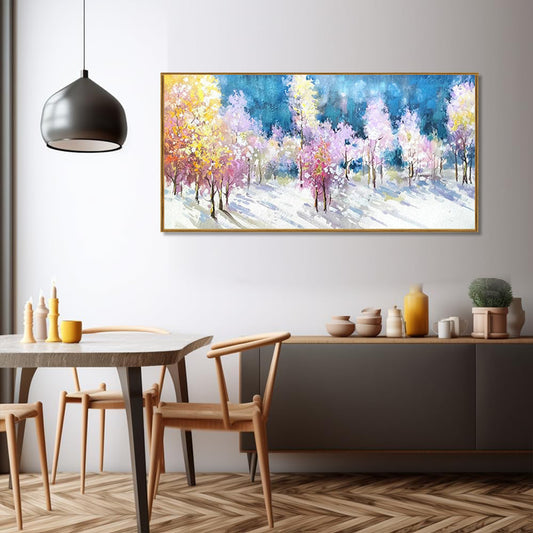 HKM-374995 Handmade Abstract Oil Painting on Canvas - Multi-Color Autumn Winter Forest Landscape for Living Room Decor