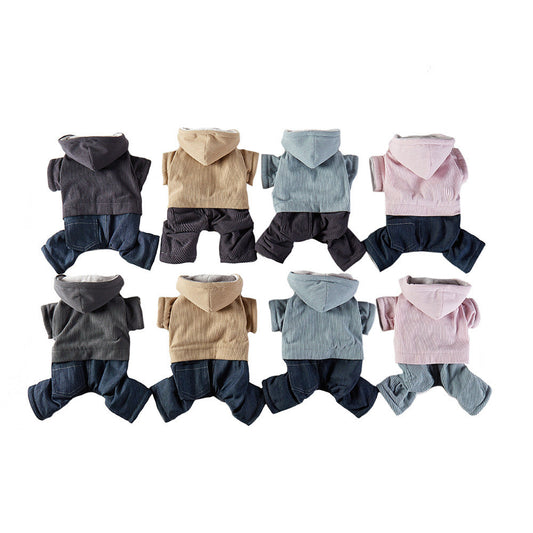 HKM-378195 Corduroy Four-Legged Hooded Fleece Lined Pet Jacket in Multiple Colors and Sizes
