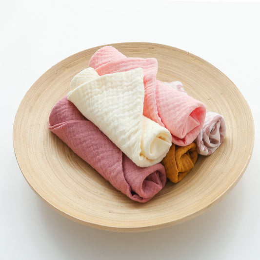HKM-379923 Crepe Baby Gauze Saliva Towel Set - 5PCs in White, Yellow, Rainbow