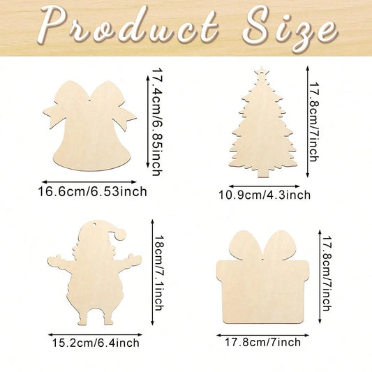 HKM-380307 20 Pcs Unfinished Wooden Christmas Ornaments for DIY Crafting - 4 Designs for Holiday Decorating