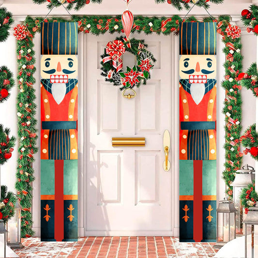 HKM-384723 Christmas Couplets Decor Flag - Old Man Nutcracker and Snowman Design, Polyester Fabric, 30x180cm