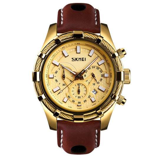 HKM-385619 Men's Multi-Function Luminous Quartz Watch with Genuine Leather Strap