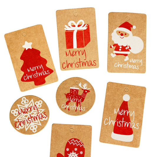 HKM-386067 Kraft Paper Christmas Hang Tag Set - 50 Labels Each of Tree, Elk, Snowman, Stocking, Santa, Candy, Snowflake