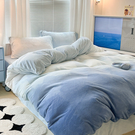HKM-386579 Cream Girl Geometric Pattern Four-Piece Milk Fiber Bedding Set with Duvet Cover and Pillowcases