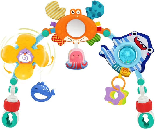 HKM-388051 Adjustable Cartoon Crib Play Gym with Musical & Flashing Hanging Toys for Stroller and Car Seat