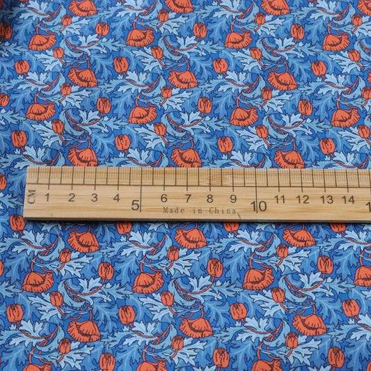 HKM-392851 Cotton Dress Fabric for Children - PLUME POPPY Blue with Red Leaves, 110cm Wide, 100% Cotton, 1m Cut