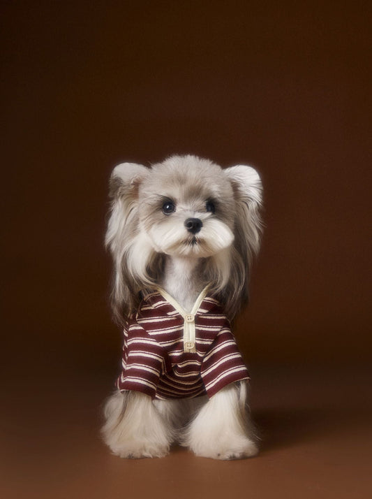 HKM-393491 Striped Sailor Collar Sweatshirt for Pets - Coffee and Red, Casual Style, Available in Multiple Sizes