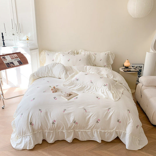 HKM-395475 Embroidered Washed Cotton 4-Piece Bedding Set with Plant and Flower Patterns