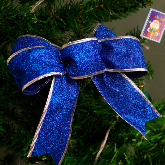 HKM-401683 Christmas Glitter Bow - Decorative Holiday Ribbon in Golden, Red, Rose Red, Blue, and Silver, 24cm Height x 21cm Width