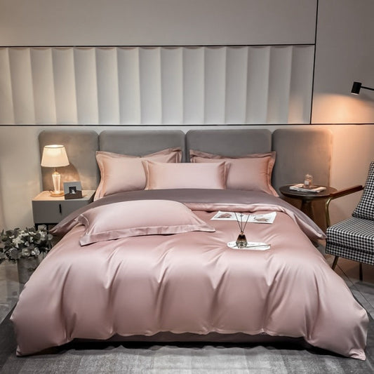 HKM-402387 Long-Staple Cotton Four-Piece Bedding Set with Fitted Sheet and Pillowcases, Solid Color Options, Multiple Sizes Available